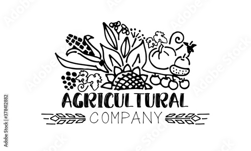 Vector sketch illustration of an agricultural farm, with agricultural hangars, silo tower, cows on pasture. Hand drawing in one line, isolated in black on white.
