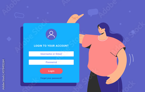 Login form and information security to social media and personal accounts. Flat teenage woman standing and pointing to login an account. Password authentication form template design on blue background