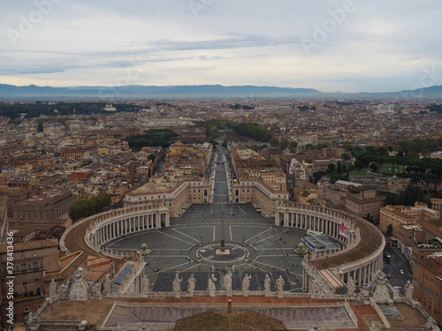Top view of St. Peter's square in the Vatican and the center of Rome. Photographed from the roof of St. Peter's Cathedral. Rome Italy.