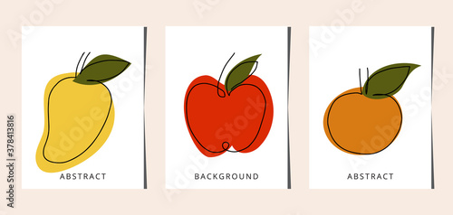 Line art mango, orange, apple set. One line drawing. line art, card, banner, poster flyer, vector illustration.