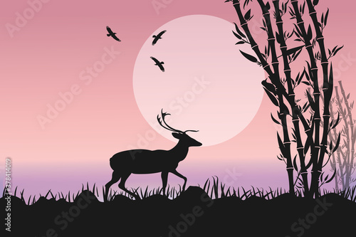 Sunset Scenery Illustration with deer
