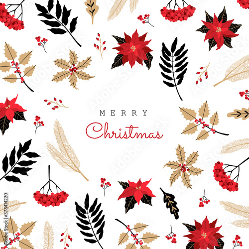 Festive postcard for Christmas invitation to a holiday party, square greeting card with Scandinavian plants, xmas holly symbol. Poinsettia, rowan branches in flat style, isolated on white background.
