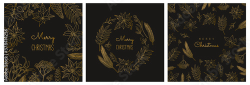 Invitation to a holiday party. Set of Christmas greeting cards, with festive plants, poinsettia, rowan brunches, holly berry. Vector illustration in trendy doodle style, isolated on black background.