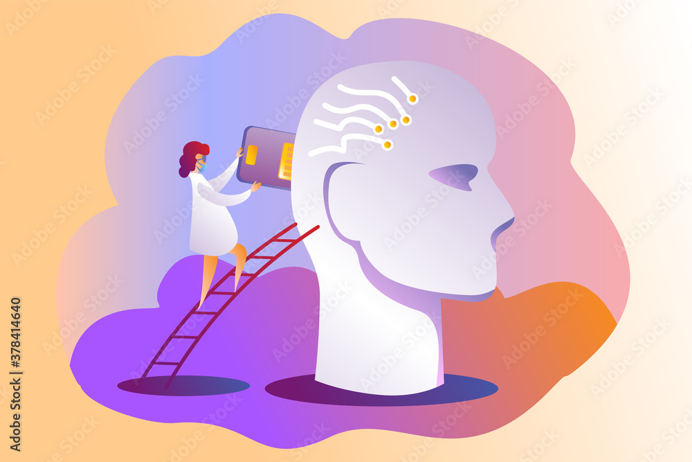 A woman scientist inserts a chip into her head. Artificial intelligence, microchipping, biotechnology, robot. A woman scientist inserts a chip into her head. Artificial intelligence, microchipping, biotechnology, robot.