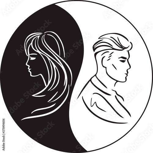 Male and female silhouettes on the background of the yin yang symbol. Isolated on white.