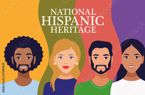 national hispanic heritage celebration lettering with people and colors background
