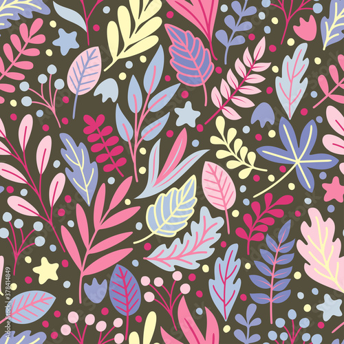 Seamless pattern with colorful autumn leaves and berries. Vector illustration.