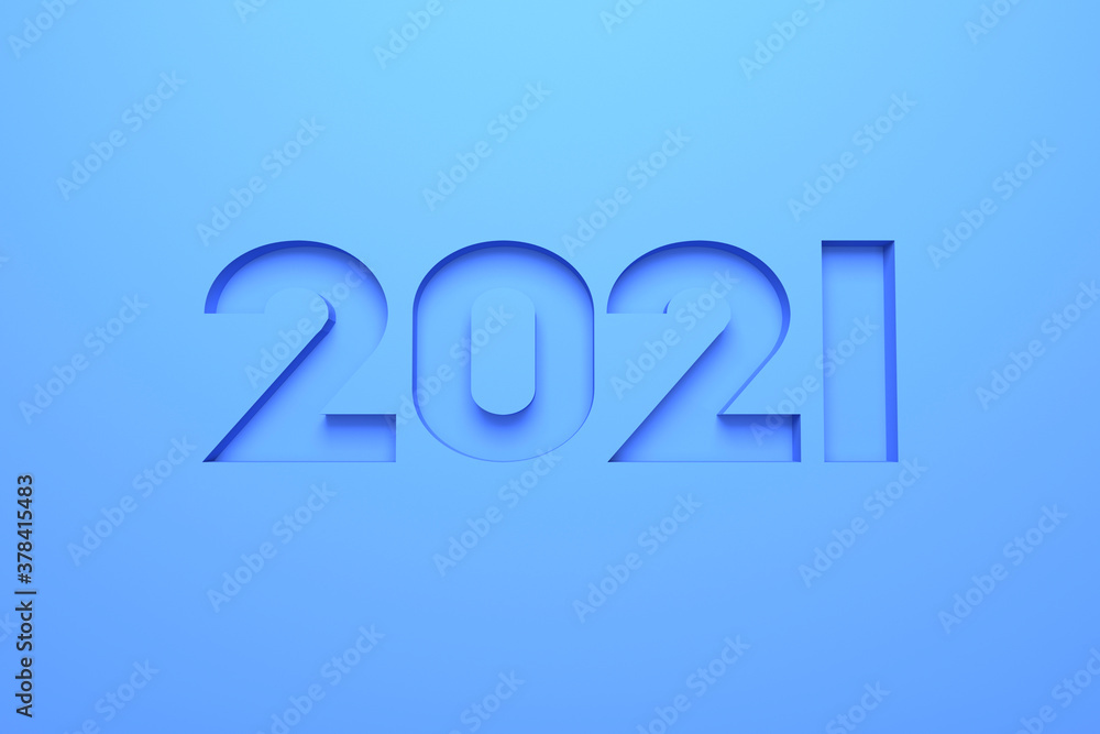 3D illustration - Number of the year 2021 engraved on blue material 3D illustration - Number of the year 2021 engraved on blue material