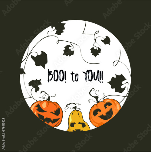 Halloween card with three pumpkins scaring and crying. Two orange pumpkins and one yellow have different emotional expressions of terror and joy. Vector illustration can be used as a card or a banner.