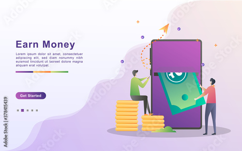 Earn money and online payment concept. Online shopping, get cash back, Money saving and money making, online money transfer. Can use for web landing page, banner, mobile app. Vector illustration.