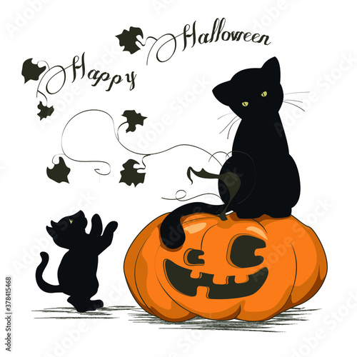 Two black cats play with a happy halloween pumpkin. A frisky kitten enjoys catching leaves. Vector illustration can be used as a card or a banner. 