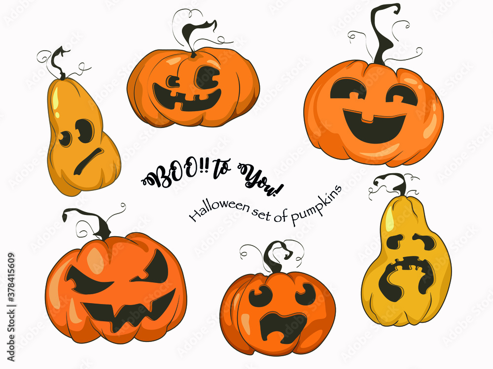 Set of six Halloween pumpkins with diffrent facial expressions. There are fear, happiness, joy, worry, terror, confusion and one evil villain. Vector illustration in warm yellow and orange colors. Set of six Halloween pumpkins with diffrent facial expressions. There are fear, happiness, joy, worry, terror, confusion and one evil villain. Vector illustration in warm yellow and orange colors.