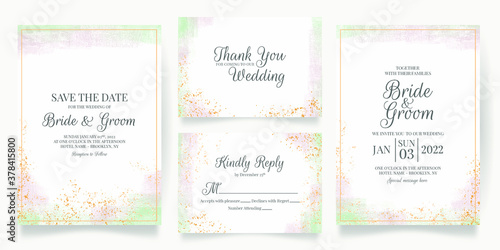 watercolor creamy wedding invitation card template set with golden floral decoration 