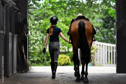 The back of the rider, walking towards the exit with her horse by her side with saddle on, ready to ride © Luckyshots