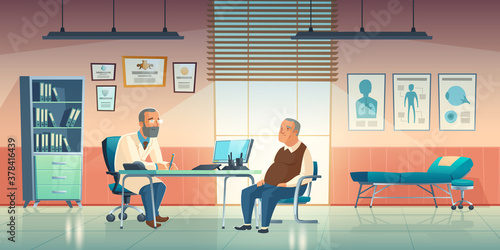 Doctor and patient sit in medical office. Vector cartoon illustration of cabinet interior in hospital or clinic with male physician and elderly man. Medic consultation concept