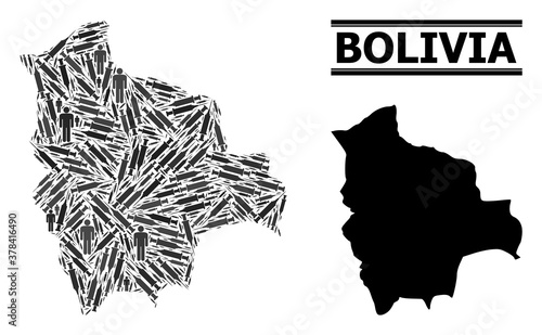 Vaccine mosaic and solid map of Bolivia. Vector map of Bolivia is shaped from vaccine doses and people figures. Illustration is useful for epidemic posters. Final solution over virus outbreak.