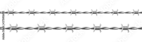Steel barbwire set, twisted wire with barbs isolated on white background. Vector realistic seamless frame of metal chain with sharp thorns for prison fence, security line, military boundary