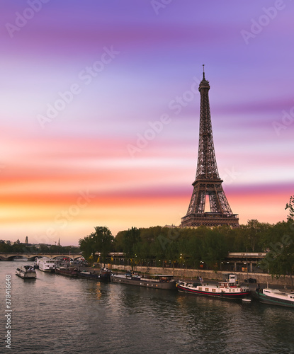 Sunset over the the Eiffel Tower and the Seine River in Paris  France.