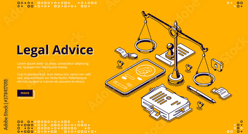 Legal advice isometric landing page. Online lawyer assistance for regulation legal issues and compliance to rules. Advocate attorney service, 3d vector line art banner with scales, phone and documents