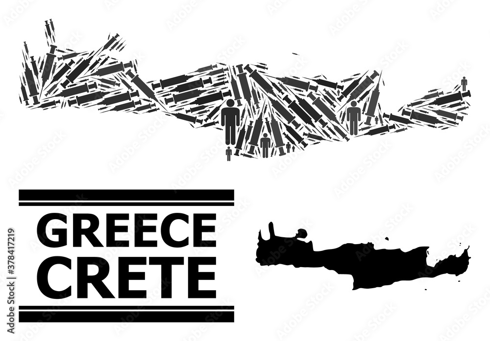 Inoculation mosaic and solid map of Crete Island. Vector map of Crete Island is shaped from vaccine symbols and people figures. Illustration is useful for lockdown ads. Final win over virus outbreak. Inoculation mosaic and solid map of Crete Island. Vector map of Crete Island is shaped from vaccine symbols and people figures. Illustration is useful for lockdown ads. Final win over virus outbreak.