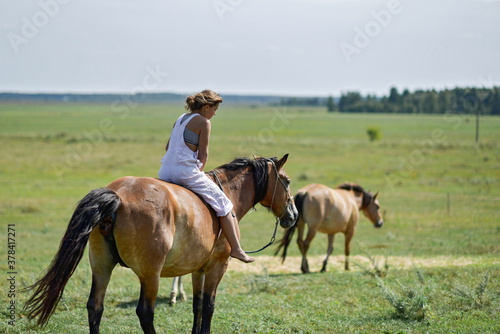 Young beautiful girl rides a horse on a farm field.