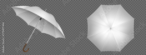 White umbrella front and top view. Vector realistic mockup of blank parasol with wooden handle, classic accessory for rain protection in spring, autumn or monsoon season