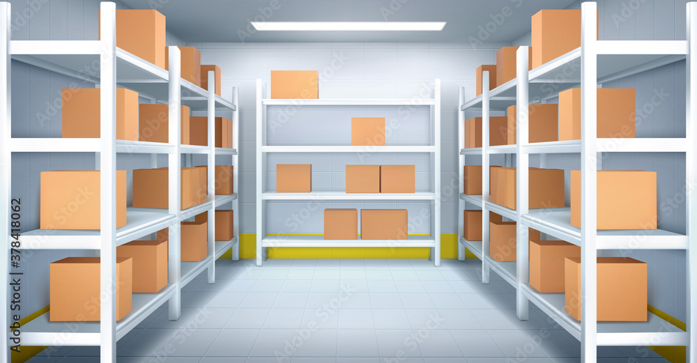 Cold room in warehouse with cardboard boxes on racks. Vector realistic  interior of industrial storage with shelves, tiled walls and floor.  Refrigerator chamber in factory, store or restaurant Stock Vector | Adobe