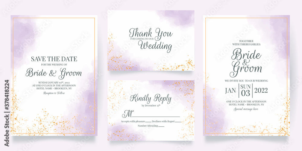 Fototapeta premium watercolor creamy wedding invitation card template set with golden floral decoration 