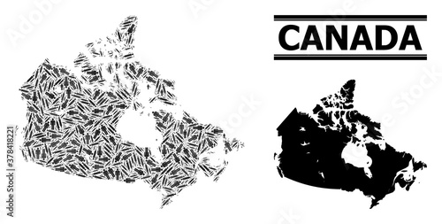 Inoculation mosaic and solid map of Canada. Vector map of Canada is composed with inoculation icons and human figures. Template is useful for medical alerts. Final win over coronavirus.