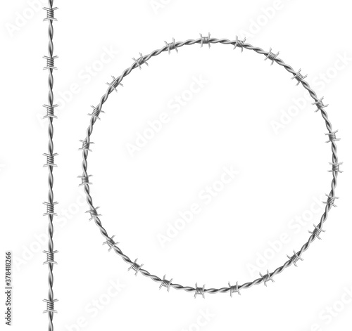Steel barbwire set, circle frame from twisted wire with barbs isolated on white background. Vector realistic seamless border of metal chain with sharp thorns for prison fence, military boundary