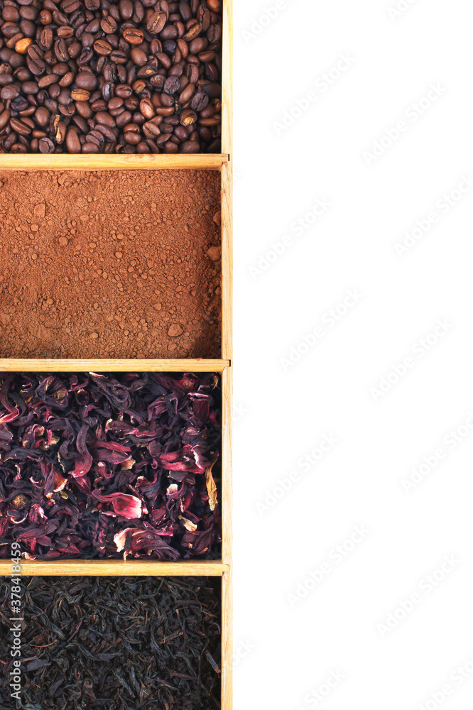 Grains of coffee, cocoa powder, hibiscus and black tea in box, View from above. Grains of coffee, cocoa powder, hibiscus and black tea in box, View from above.