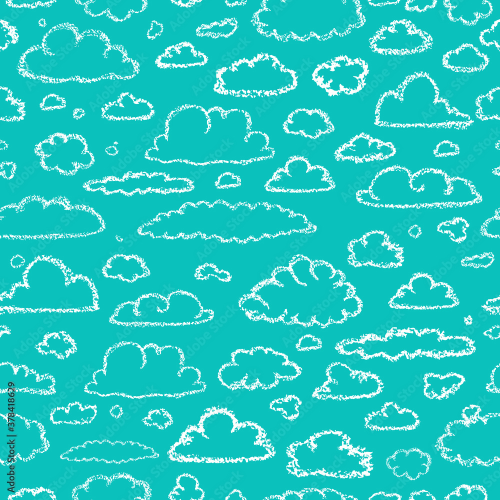 Clouds pattern. Children drawling style cloud print. Hand drawn wax crayons art on blue backdrop. Chalk style isolated clouds background. White pastel crayons drawn clouds texture.
Clouds pattern. Children drawling style cloud print. Hand drawn wax crayons art on blue backdrop. Chalk style isolated clouds background. White pastel crayons drawn clouds texture.