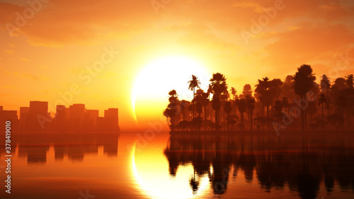majestic sunset over city and tropical island with palm trees © archangelworks