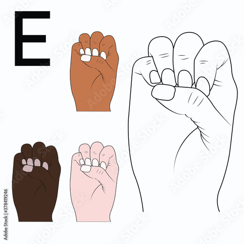 "E" is the fifth letter of the alphabet in sign language, English. Black and white drawing by hand and by skin tone. Vector illustration
