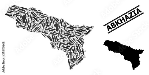 Vaccine mosaic and solid map of Abkhazia. Vector map of Abkhazia is made with vaccine symbols and men figures. Illustration is useful for medical alerts. Final solution over asian flu.