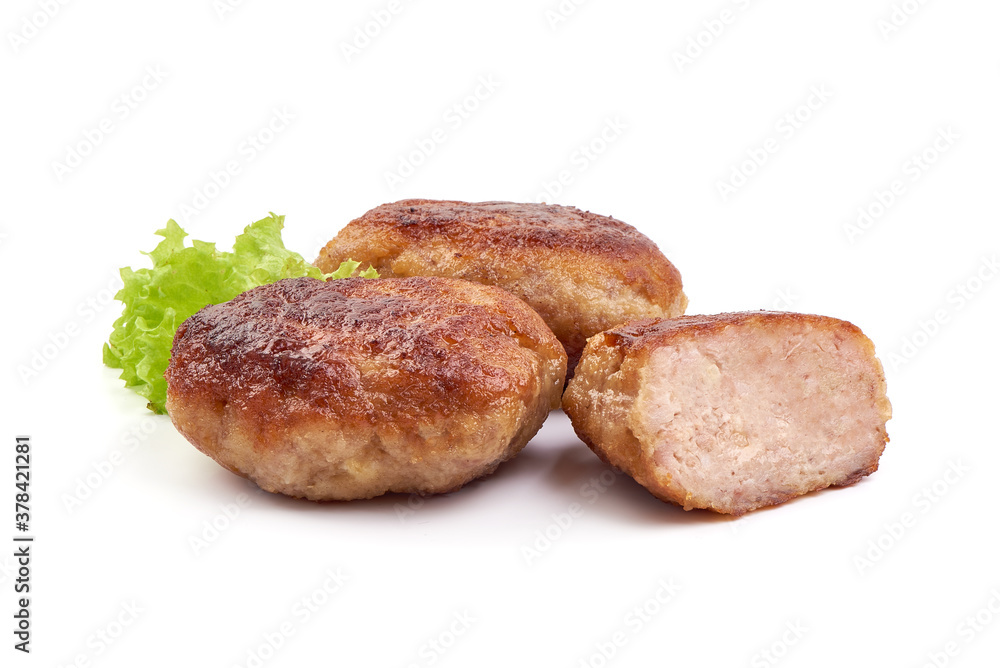 Grilled cutlets, fried meat balls, isolated on white background