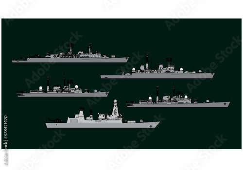 Royal Navy. Postwar British guided missile destroyers. Side view. Vector template for illustration.