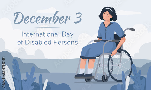 Flat vector illustration of an elderly woman in a wheelchair in nature. The concept of a banner or postcard in blue colors. International Day of Persons with Disabilities December 3.