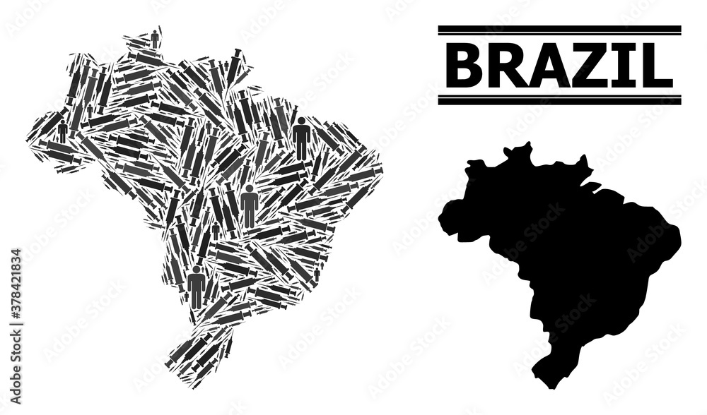 Inoculation mosaic and solid map of Brazil. Vector map of Brazil is formed with vaccine symbols and people figures. Illustration is useful for epidemic purposes. Final solution over Covid-2019.