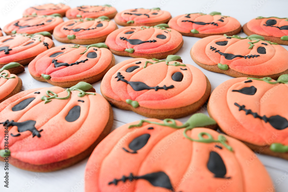 Happy halloween cookies. Background of pumpkin gingerbread