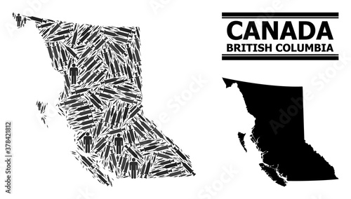 Vaccine mosaic and solid map of British Columbia Province. Vector map of British Columbia Province is organized of inoculation icons and human figures. Collage is useful for lockdown purposes.