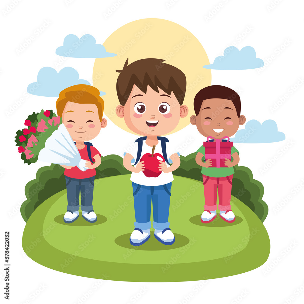 happy teachers day scene with students boys with flower bouquet in the camp happy teachers day scene with students boys with flower bouquet in the camp