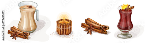 Vector image of cinnamon and some variations of its use. Set. Cartoon style. EPS 10
