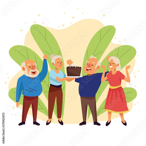 old people with sweet cake active seniors characters