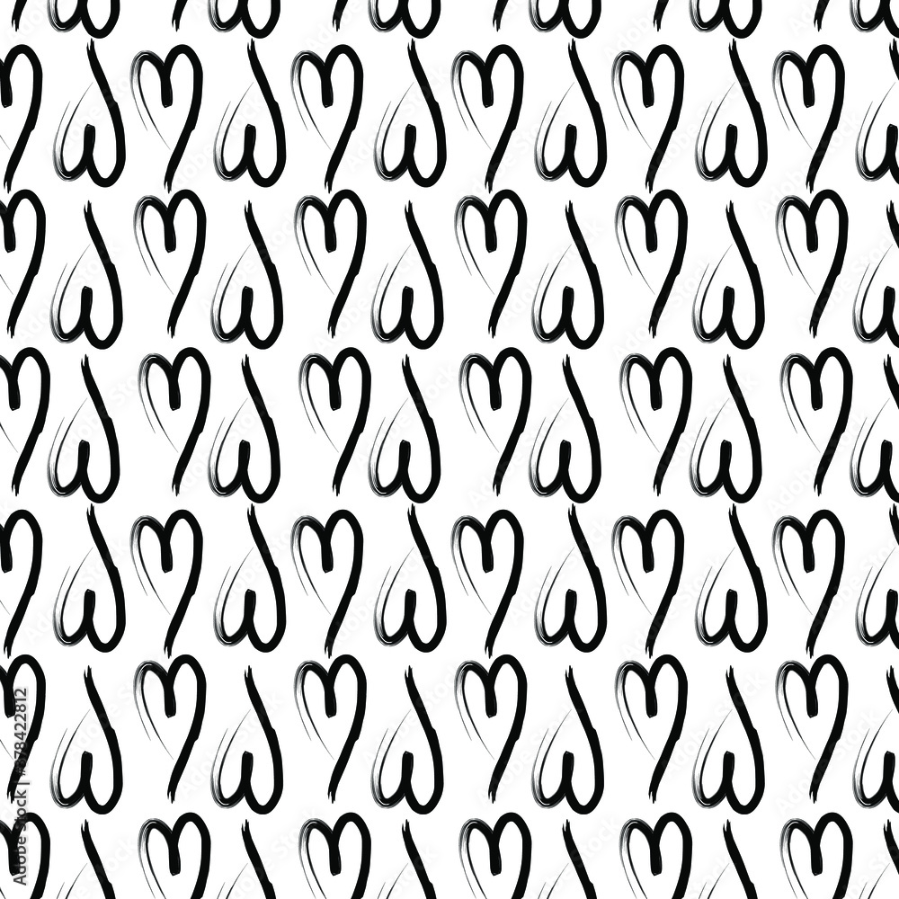 This vertical pattern with black hearts on the white background. Up and down. Hand draw. Vector illustration.