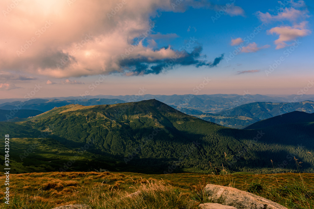 Tourist trails, Ukrainian Carpathians, picturesque landscapes, tourists on the trails of the Montenegrin ridge.