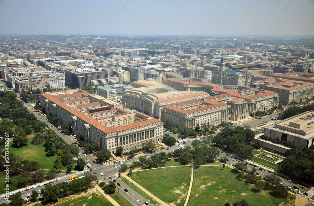 Fototapeta premium US Commerce Department, Andrew W Mellon Auditorium, Ronald Reagan Building and Old Post Office in Federal Triangle aerial view from the top of Washington Monument, Washington, District of Columbia DC,