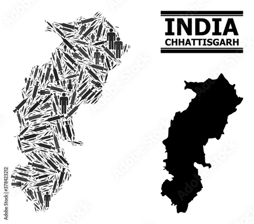 Inoculation mosaic and solid map of Chhattisgarh State. Vector map of Chhattisgarh State is shaped with inoculation icons and human figures. Illustration is useful for lockdown alerts.