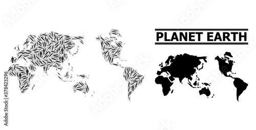 Syringe mosaic and solid map of Earth. Vector map of Earth is made from inoculation icons and people figures. Illustration is useful for pandemic templates. Final win over asian flu.