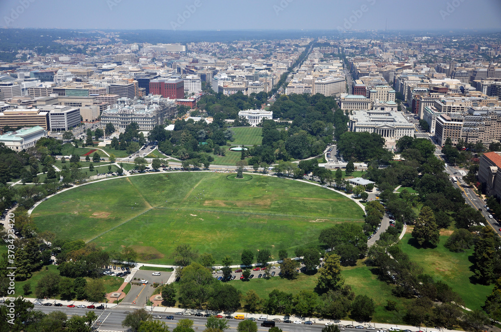 White House and the Ellipse aerial view from Washington Monument in Washington, District of Columbia DC, USA.